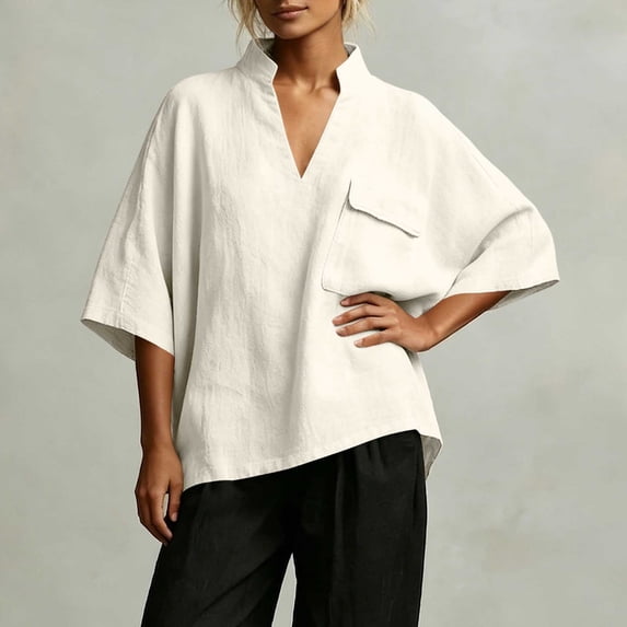 Dolkfu Elbow-Length Women'S Blouses V-Neck White Polyester Retro Vintage Tops Pull-on Refined Solid Modern Blouses & Tops White,Xxl