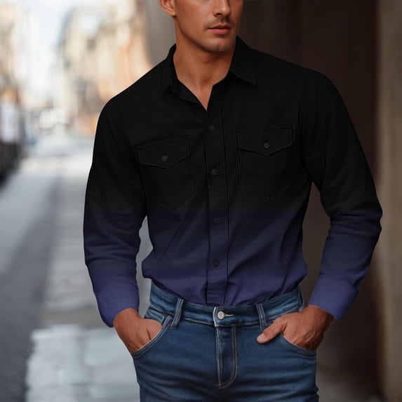 Dolkfu Fall Mens Shirt Long Sleeve Button Down Workwear Lightweight Gradient Print Cargo Shirt Men Trendy Tops XXL