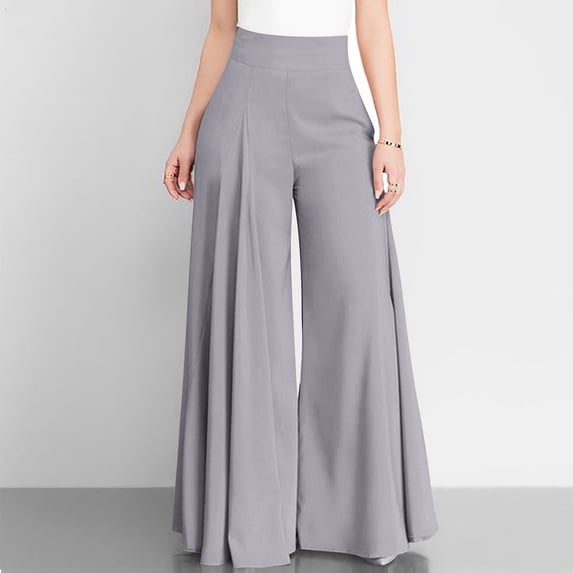 Dolkfu Fall Pants for Women Gray High Waisted Wide Leg Yoga Dress Pants Flowy Pleated Bell Bottom Trousers for Lady S