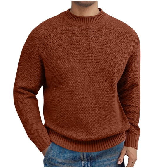 Dolkfu Fall Sweaters Men Brown Crew Neck Pullover Sweaters Solid Men Waffle Knit Shirt M