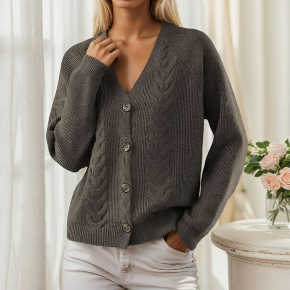 Dolkfu Fall Sweaters for Women Gray V Neck Cable Knit Button Down Sweater Cardigan Solid Knit Blouse Womens Sweater Tops L
