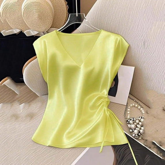 Dolkfu Fancy Tops for Women V Neck Silky Tank Tops Runched Sleeveless Tees for Women L