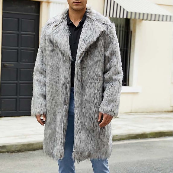 Dolkfu Faux Fur Mens Fall Jackets Gray Mid Length Trench Coat Open Front Fuzzy Long Coat Mens Winter Coats S