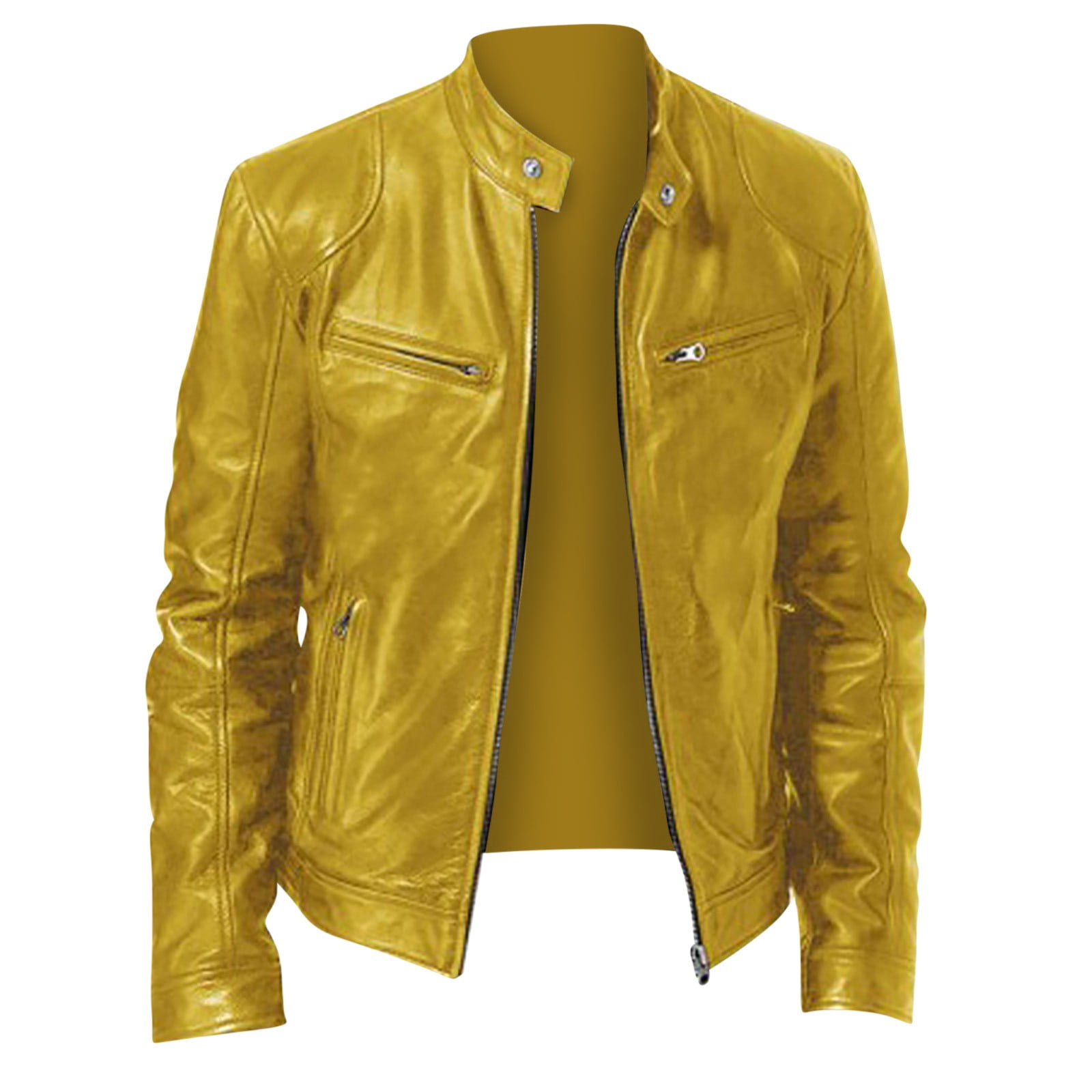 Dolkfu Faux Leather Men Jacket Band Collar Yellow Casual Bomber Jacket Motocycle Zipper Outerwear Mens Outerwear 5XL