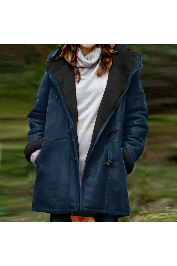 Faux Suede Womens Jackets Fall Thicken Hooded Blue Trench Coat Toggle Fleece Lined Peacoat Coat Women XXL