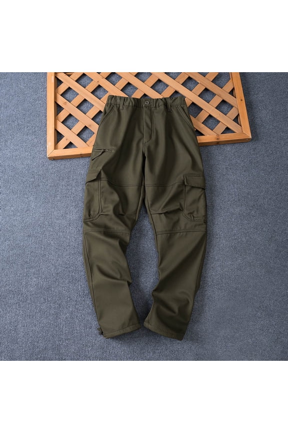 Fleece Lined Casual Pants for Men Wide Leg Green Cargo Work Pants Thick Zipper Elastic Waist Mens Fall Trouser,M