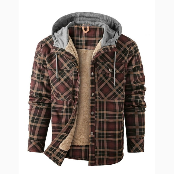 Dolkfu Fleece Lined Winter Men Jackets Brown Hooded Cotton Outerwear Button Down Plaid Fuzzy Sherpa Coat Mens Outerwear M