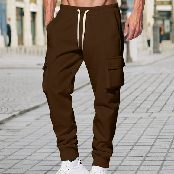 Dolkfu Fleece Linen Men Casual Pants Joggers Solid Cargo Pants Trousers for Man,XXXL