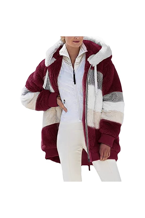 Fleece Women Jacket Red Hooded Hoodies Color Block Fluffy Outerwear Coat Womens Coats Winter L