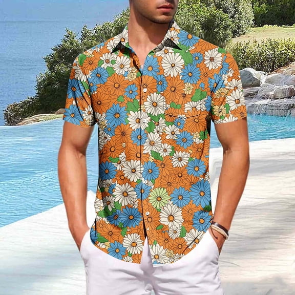 Dolkfu Floral Men's Novelty Shirts Short Sleeve Hawaiian Yellow Button Down Shirt Summer Beach Loose Men T Shirts,M