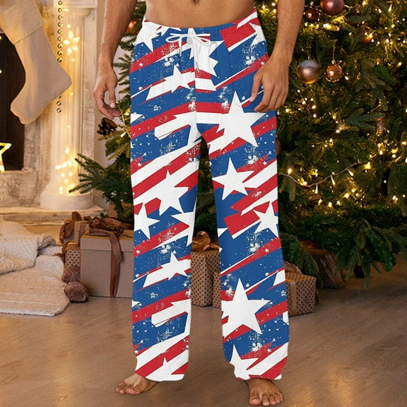 Dolkfu Floral Plus Size Pants for Men Christmas Blue Flannel Pjs Pants Xmas Loose Pajama Pants Mens Trousers L