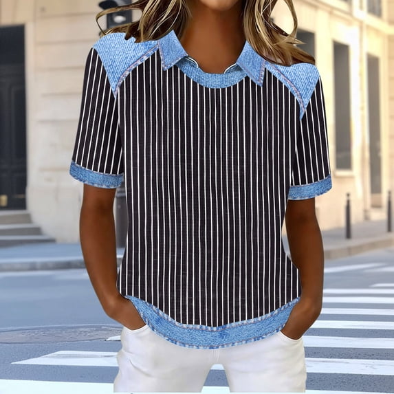 Dolkfu French Chic Going Out Tops Collared Black Pull-on Short Sleeve Blouses & Tops Striped Patchwork Polycotton Western Style Pullover Black,Xl