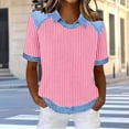 thumbnail image 1 of Dolkfu Pull-on Tops for Women Trendy Pink Collared French Chic Short Sleeve Blouses & Tops Western Style Patchwork Polycotton Striped Pullover Pink,Xl, 1 of 5