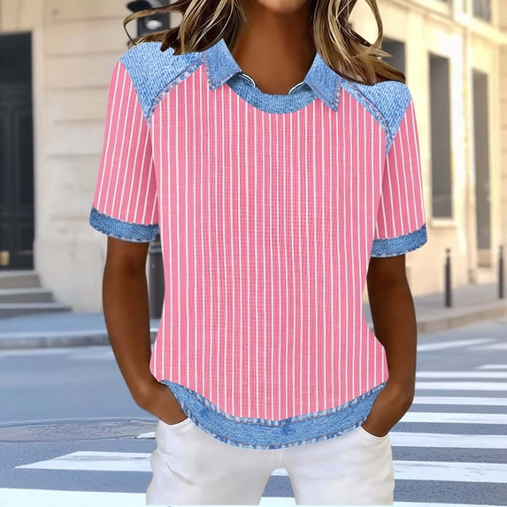 Dolkfu Pull-on Tops for Women Trendy Pink Collared French Chic Short Sleeve Blouses & Tops Western Style Patchwork Polycotton Striped Pullover Pink,Xl