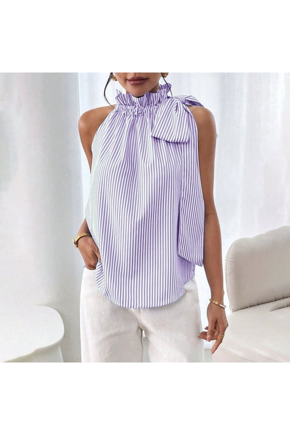 French Chic Tops for Women Trendy Sleeveless Mock Neck Purple Patchwork Bow Pull-on Striped Retro Blouses & Tops Purple,Xxl