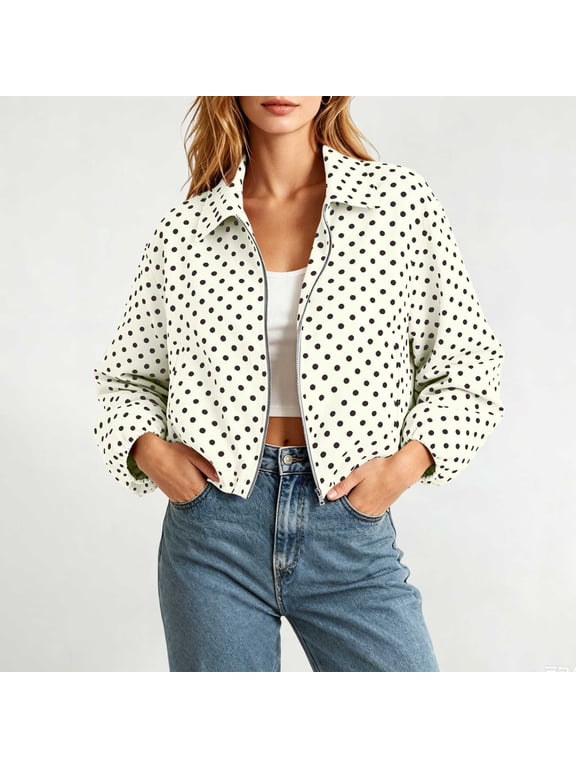 Full Zip Going Out Tops French Style Zip Mock Neck Long Sleeve White Windbreaker Retro Polka Dot Modern Jackets White,Xs