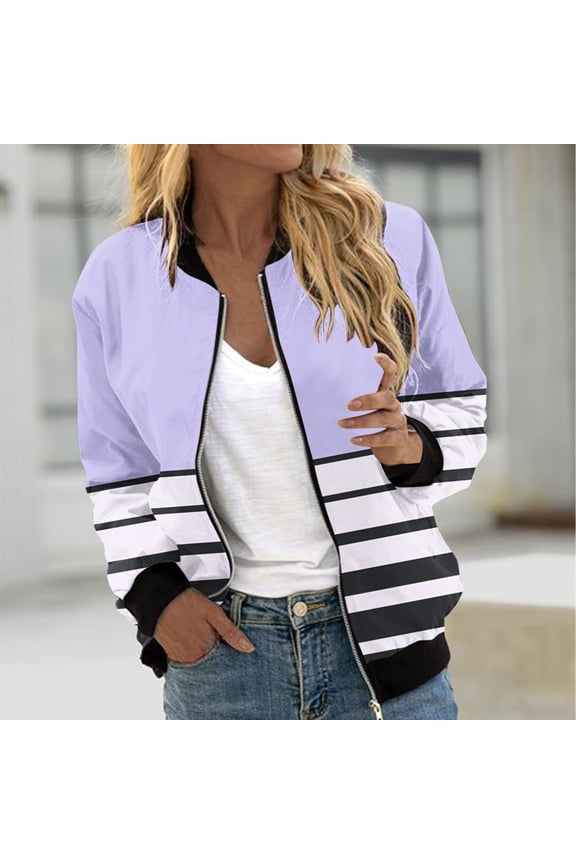 Full Zip Women'S Coats, Jackets & Vests French Style Zip Mock Neck Full Sleeve Purple Windbreaker Striped Refreshing Jackets Purple,Xxl