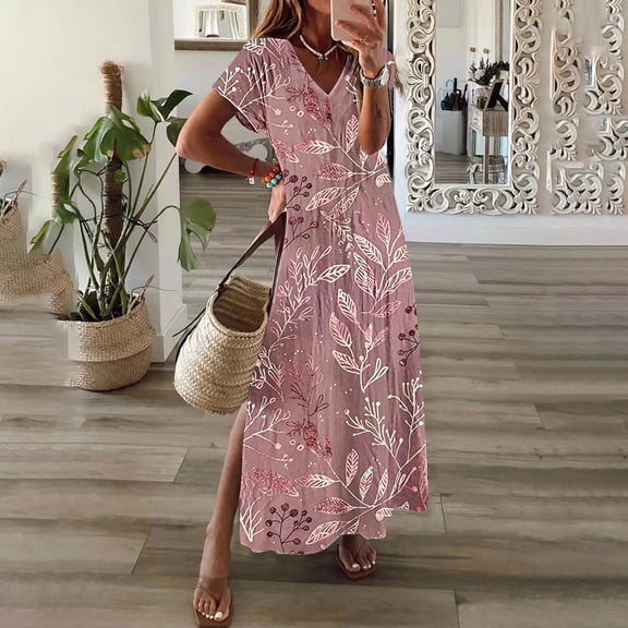 Dolkfu Going Out Dresses Short Sleeve Retro Red V-Neck Maxi Shift Dresses Botanical Printed Side Split Relaxed Fit Dresses Red,Xl