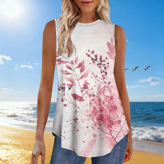 Dolkfu Going Out Tops for Women Floral Sleeveless Flowy Tank Tops Loose Fit Holiday Womens Tee Shirts L