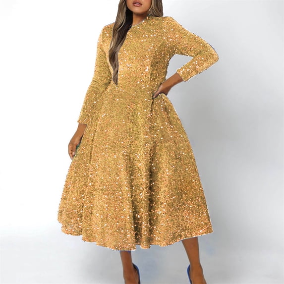 Dolkfu Gold Womens Fall&Winter Dresses Sequins Long Sleeve Long Crew Neck Fit & Flare Dresses Patchwork Romance Regular Modern Dresses Gold,S