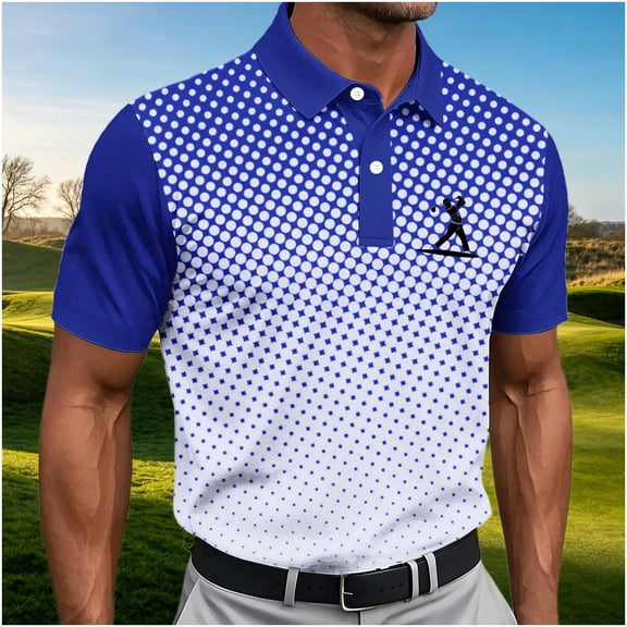 Dolkfu Golf Polos&nbsp;for Men Blue Short Sleeve Collared Button Tops Polka Dot Geometric Refined Polos Blue,S