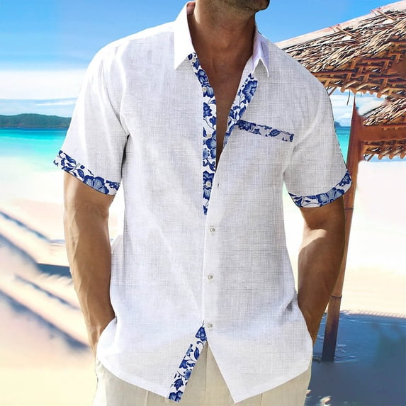 Dolkfu Golf Shirts for Men White Collared Boho Short Sleeve Tops Paisley Retro Button-Up Shirts Summer Tops