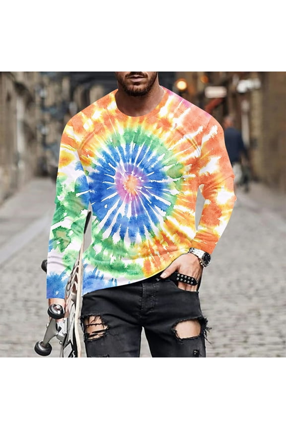 Graphic Mens Shirts Casual Quick Dry Tie Dye Long Sleeve T Shirts Tops for Men,L
