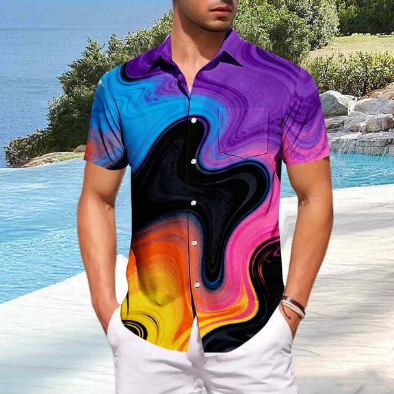 Dolkfu Graphic Shirt for Men Stretch Short Sleeve Button up Shirt Vacation Ahola Tropical Tee Shirts Mens,S