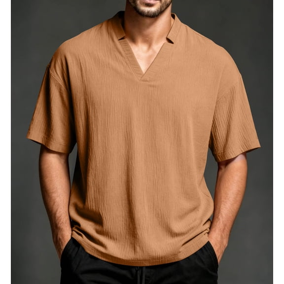 Dolkfu Graphic&nbsp;Tees Short Sleeve Retro Vintage Brown V-Neck Tops Minimalist Solid T-Shirts Mens Dress&nbsp;Shirts