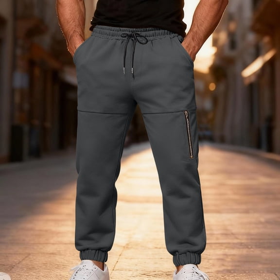 Dolkfu Gray Pants Men Drawstring Jogger Athletic Sweatpants Zipper Pocket Stretch Elastic Waist Men Trousers,XL