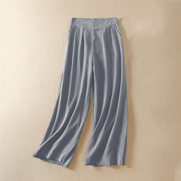 Dolkfu Gray Pants for Women Cotton Linen High Rise Wide Leg Pajama Pants Stretchy Homewear Tall Pants for Women Long M