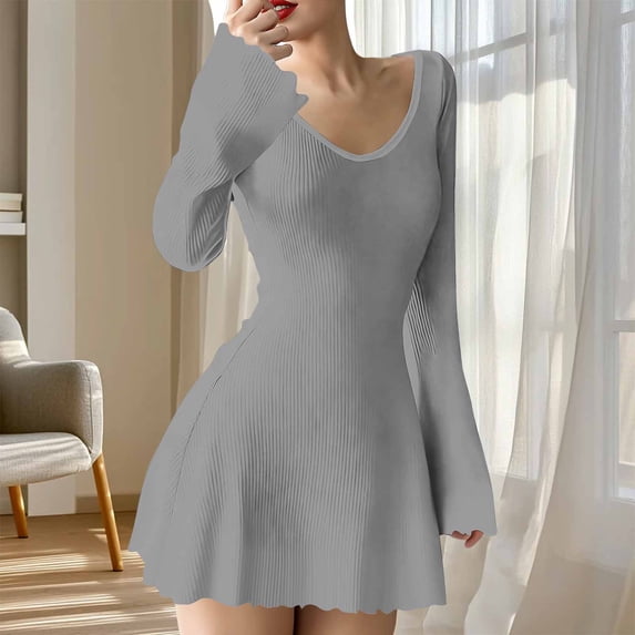 Dolkfu Gray Summer&Fall Dresses for Women 2026 Mini V-Neck Refreshing Long Sleeve A-Line Dresses Solid Regular Modern Romance Dresses Gray,Xxl