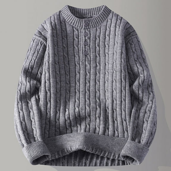 Dolkfu Gray Sweaters Men Cable Knit Pullover Sweaters Loose Fit Crew Neck Solid Sweater for Men L