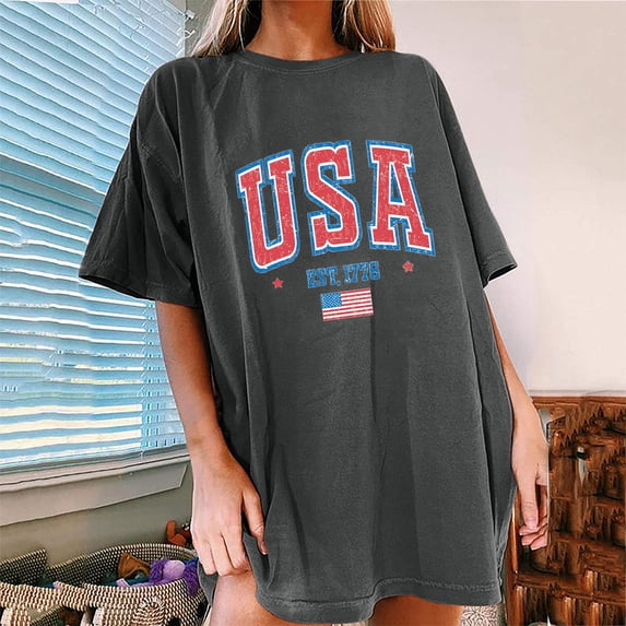 Dolkfu Crew Neck Women'S Clothing Pull-on Short Sleeve 250th Anniversary Independence Day Gray T-Shirts Minimalist Graphic Prints Modern Tops Gray,L