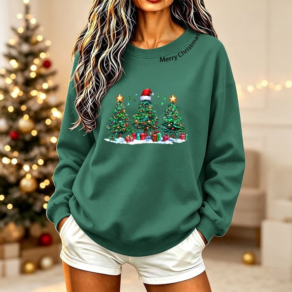 Dolkfu Green Christmas Sweatshirts for Women Funny Long Sleeve Crew Neck Christmas Tree Star Fall Winter Sweatshirt Stylish Refreshing Relaxed Fit,M