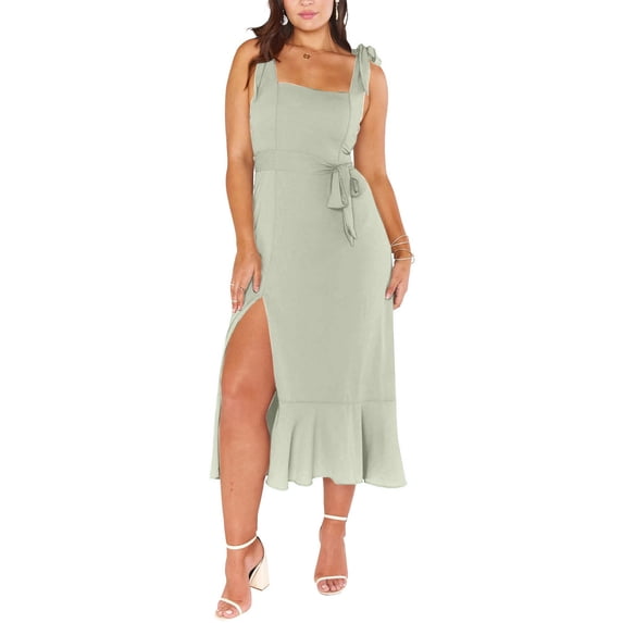 Dolkfu Green Dresses for Women Trendy Front High Split Square Neckline Sleeveless Long Fit & Flare Dresses Romance Solid Dresses Mint Green,Xl