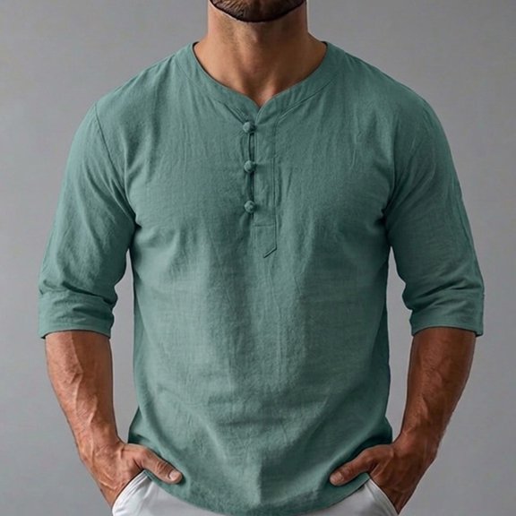 Dolkfu Green Graphic Tees Button Henley Retro Vintage Elbow-Length T-Shirts Linen Modern Solid Vintage Finish Tops Army Green,L