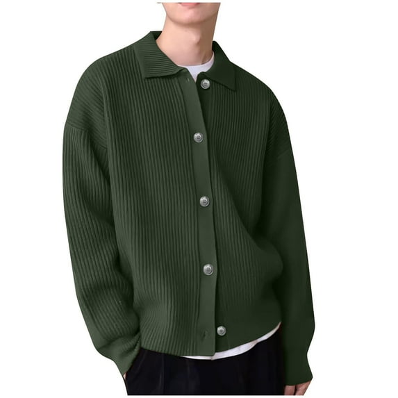Dolkfu Green Men Fall Sweater Classic Fit Button Down Cardigan Sweaters Lapel Collar Ribbed Knitwear for Men L