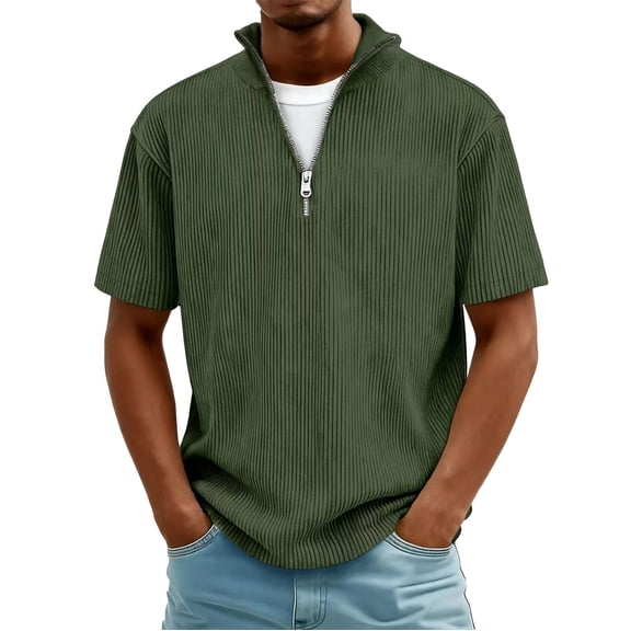Dolkfu Green Men's Novelty Shirts Corduroy Striped Short Sleeve Polos Loose Quarter Zip Collared Spring Tees Men,L