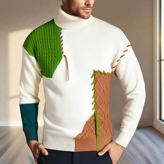 Dolkfu Green Mens Fall Sweaters Cable Knit Turtleneck Patchwork Pullover Sweater Color Block Casual Basic Shirts for Man 2XL