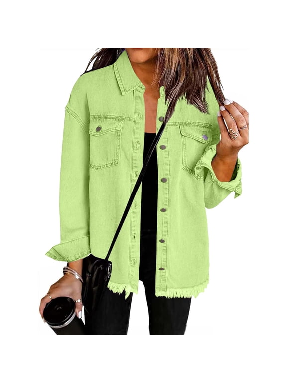 Green Mid-Length Western Jackets Long Sleeve Collared Western Style Outdoor Fall Winter Mid-Weight Trucker Jackets Solid Casual Relaxed Fit,S