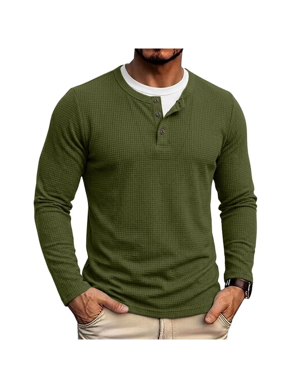 Green True Classic Tees Men Long Sleeve Button Two-Piece Double-Layer Crew Neck T-Shirts Classic Fit Modern Casual Patchwork Tops Army Green,L
