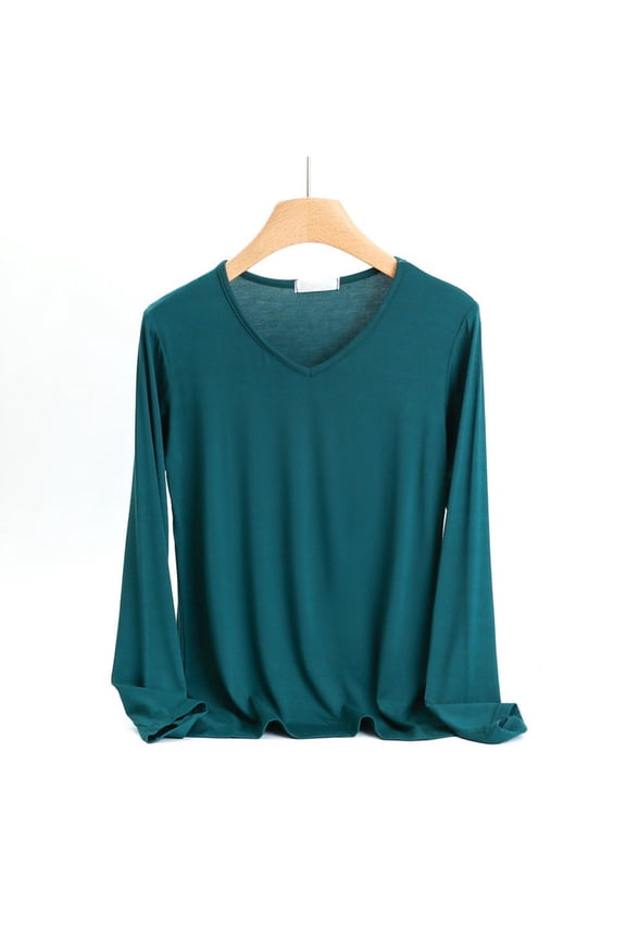 Green Women'S Summer Tops Pull-on Minimalist V-Neck Long Sleeve T-Shirts Modal Modern Solid Refreshing Tops Green,M