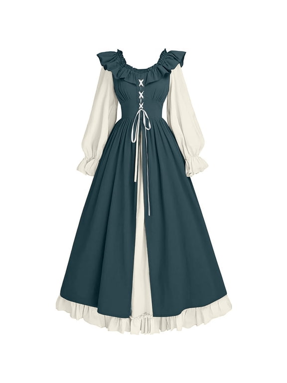 Green Womens Fall&Winter Dresses Maxi Long Sleeve Crew Neck Retro Fit & Flare Dresses Modern Refined Regular Patchwork Dresses Green,M