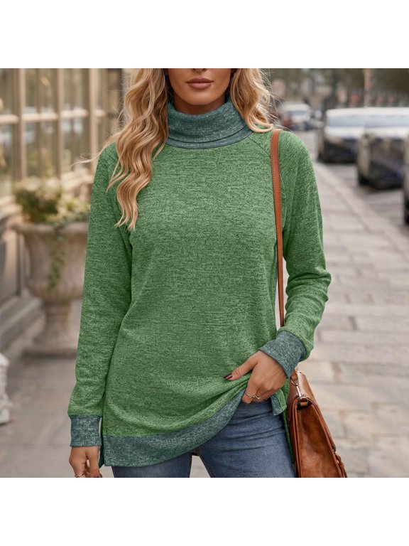Green Womens Mock Neck Tops Blouson Long Sleeve Fashion Solid Modern Fall Winter Pullover Tops Casual Relaxed Fit ,L