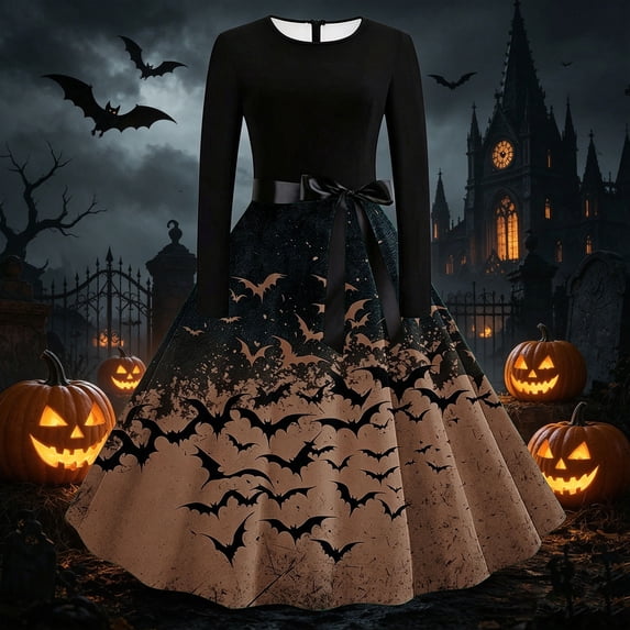 Dolkfu Halloween Fall&Winter Dresses for Women Brown Long Sleeve Crew Neck Mid-Length Ball Gown Dresses Animal Bow Full Swing Flared Dresses Brown,L