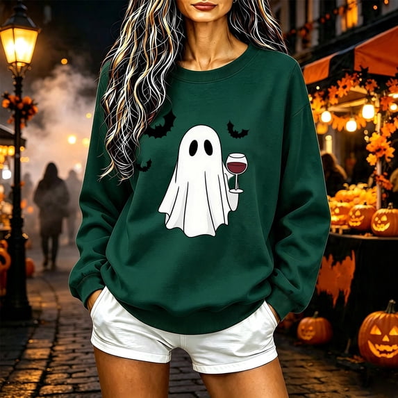 Alllist Halloween Womens Sweatshirt Crew Neck Long Sleeve Green Sweatshirt Bat Relaxed Fit Refined Ghost Tops Green,Xs