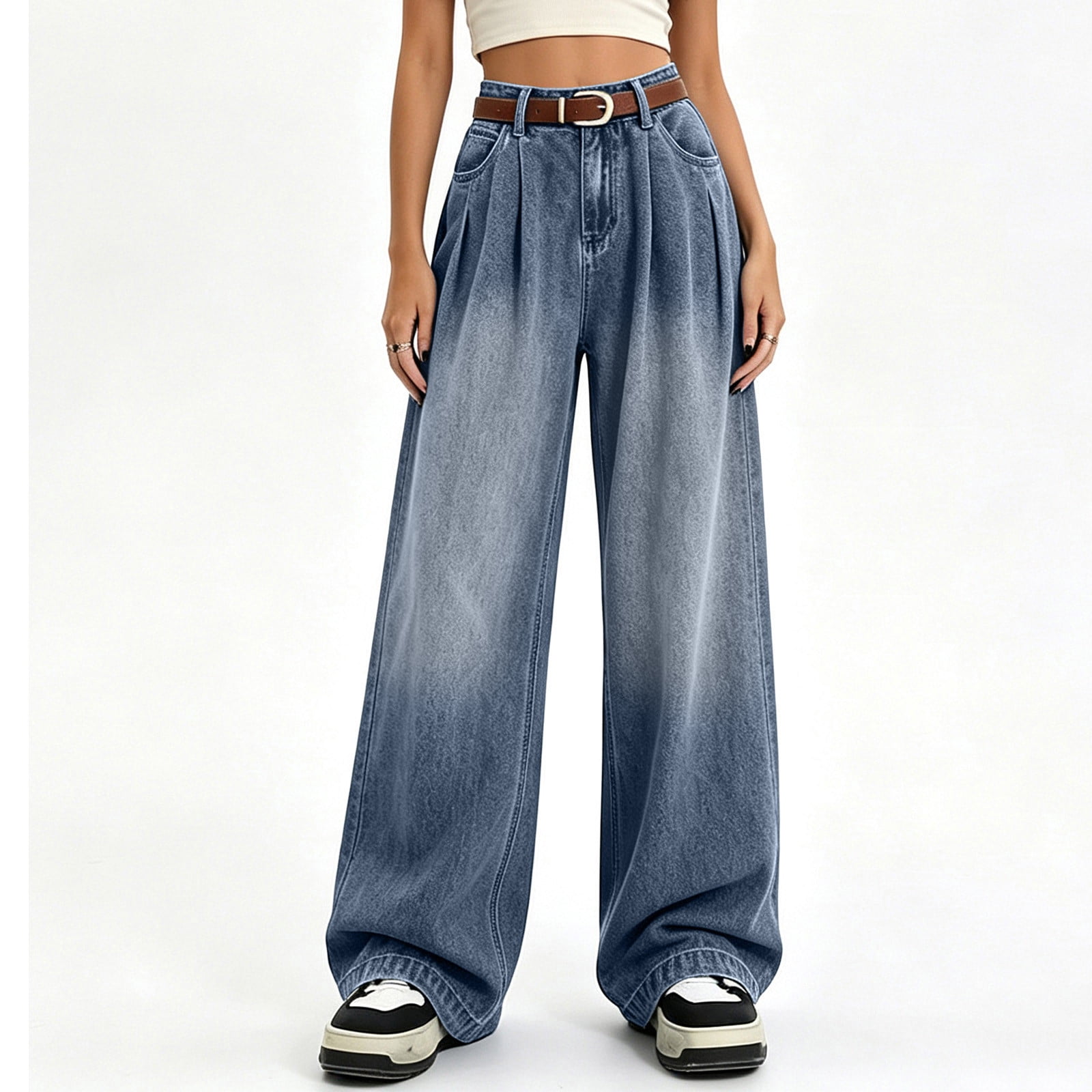 Dolkfu High-Waist Sky Blue Womens Sweat Pants Full Wide-Leg Retro ...