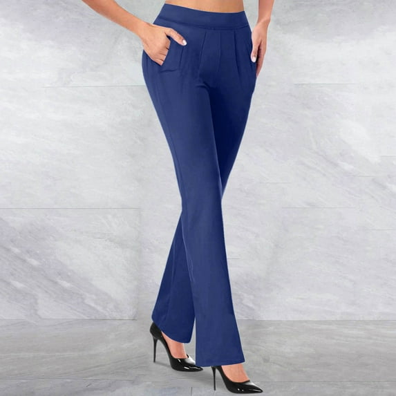 Dolkfu High Waisted Pants for Women Pleated Business Blue Trouser Flared Slim Fit Dress Pants Trousers for Women XL