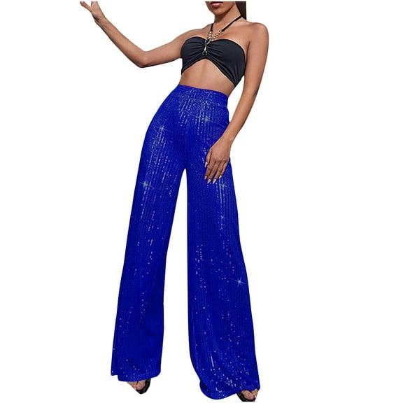 Dolkfu High Waisted Trendy Women Pants Blue Sequin Wide Leg Disco Pants Night Club Dance Bell Bottom Trousers for Lady XL